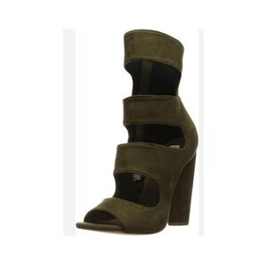 Steve Madden Tawnie Olive Green Faux Suede Caged Blocked Heels Size 10 Bin 2